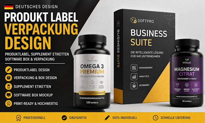do german product label packaging, software box mockup, supplement label design
