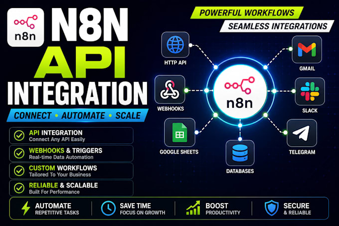 create n8n API integration, webhook automation, custom workflows