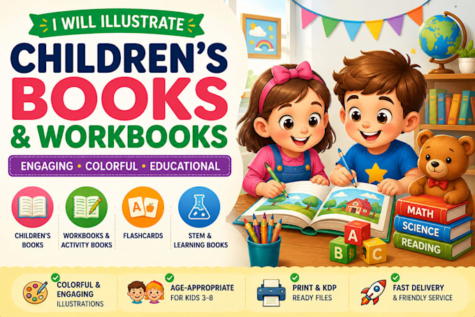 do educational childrens book illustrator, preschool workbook illustration