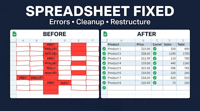 fix and restructure your broken or messy google sheets spreadsheet
