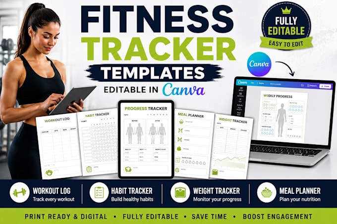 create fitness tracker templates, canva design, journal, editable, planner