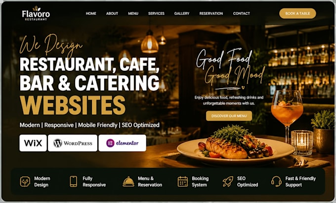 develop a wix restaurant, bar catering business website, design cafe wordpress