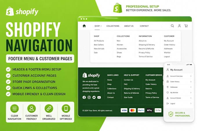 create shopify footer menu navigation and customer account pages