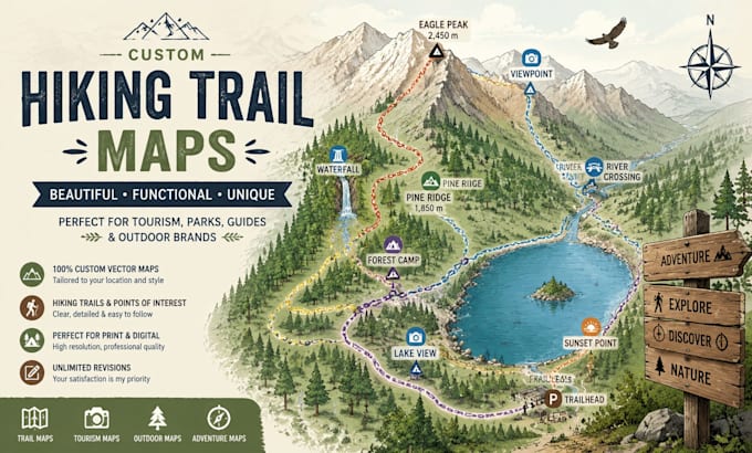 create hiking trail map, tourism outdoor map, adventure vector illustration