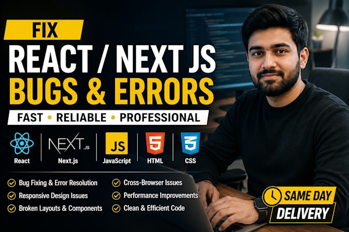 fix react, next js, javascript frontend bugs and responsive issues