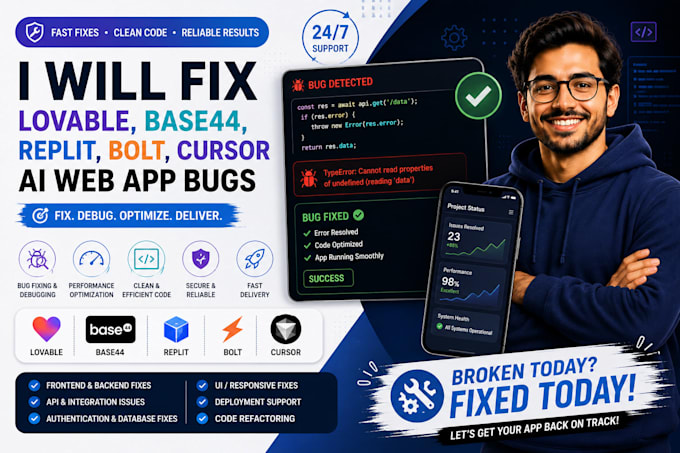 fix lovable, base44, replit, bolt, cursor ai web app bugs API claude superbase