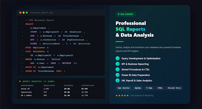 write sql queries, reports and database analysis