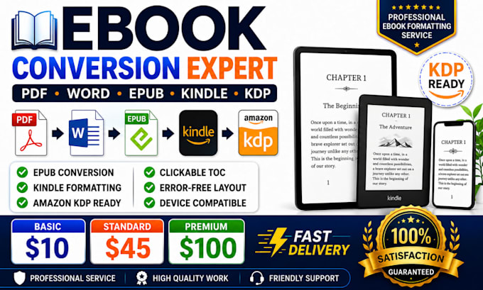 do ebook conversion from PDF, word to epub, kindle and KDP formats