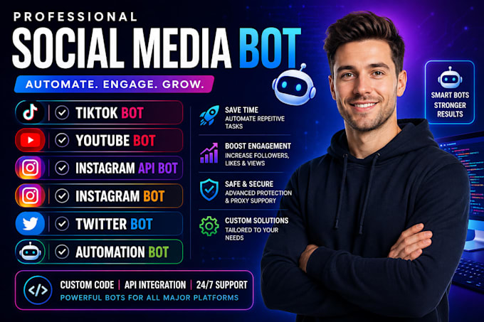 develop social media bot, twitter bot, tiktok bot, instagram bot, youtube bot