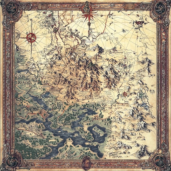 draw a detailed hand drawn fantasy map