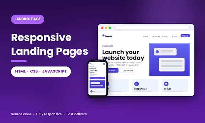 design and code a fast responsive landing page in HTML CSS javascript