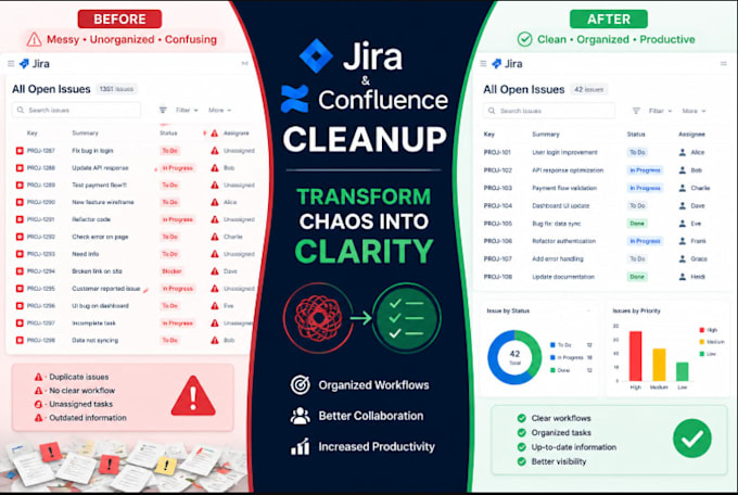 arrange atlassian jira confluence clean up for messy task workflows and space