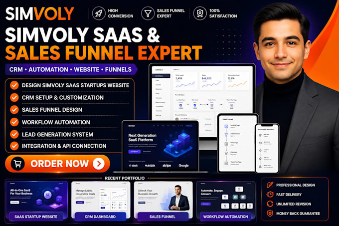 design simvoly saas startups website, crm, sales funnel, workflow automation