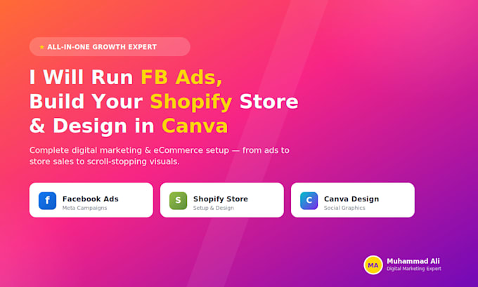 do facebook ads, shopify store creator and canva designer