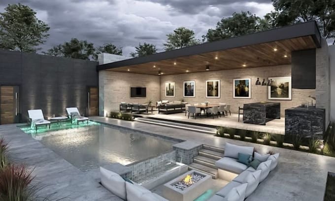 create backyard landscape, garden, patio, pool front yard design 3d rendering