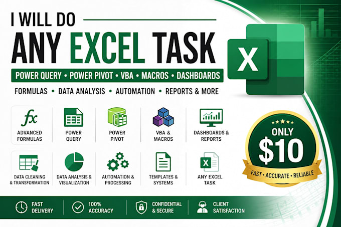 do any excel task, power query, power pivot, vba, macro, dashboard, or da