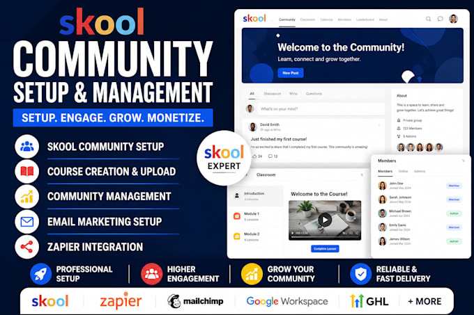 setup skool community, skool course creation and skool management