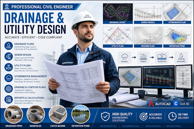 professional drainage, sewer, utility plan, stormwater report in autocad