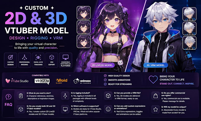 design custom 2d and 3d vtuber model with rigging and vrm