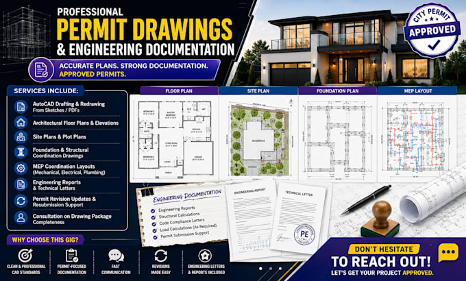 prepare autocad permit drawings with engineering reports compliance letters
