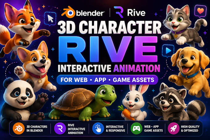 create 3d blender character rive interactive animation for web, app, game assets