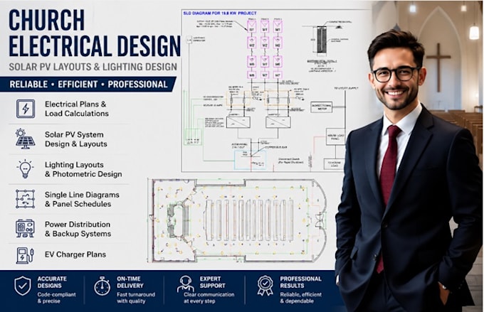 design church electrical plans, solar pv layout lighting design load calculation