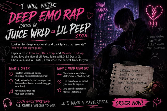 write deep emo rap lyrics in juice wrld or lil peep style