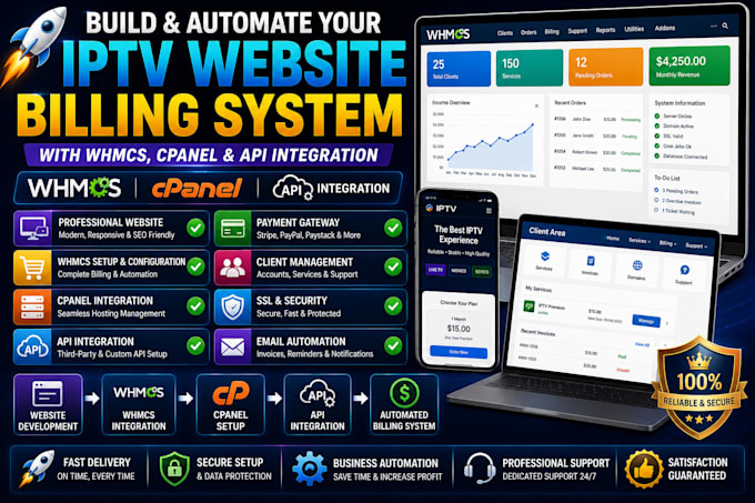 build and automate your iptv website billing system wit whmcs, cpanel API integ