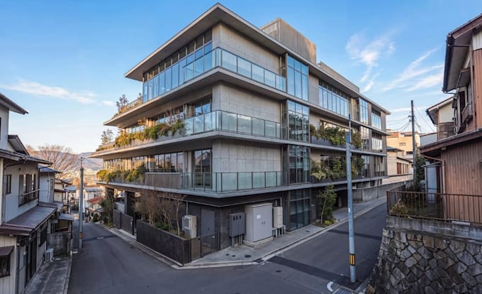 recraft apartment sloped building,resolution rendering,driveway,architecture cgi