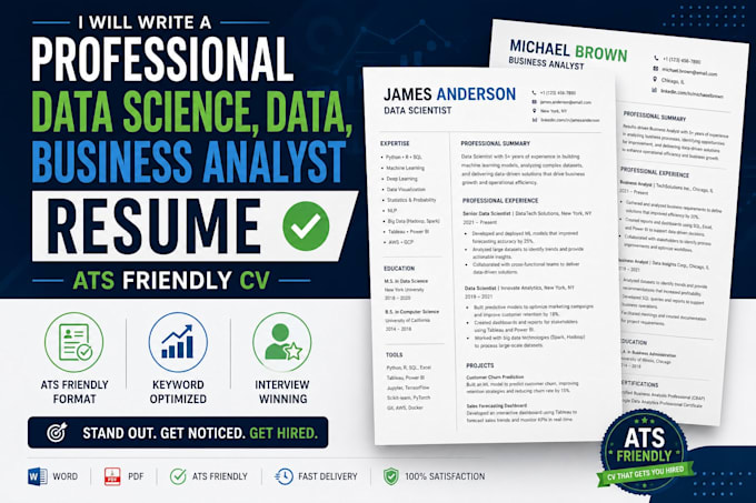 write a professional data science, data, business analyst resume ats friendly CV