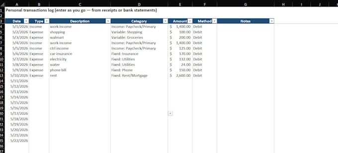create a custom zero based budget in excel