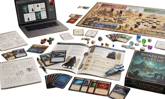 design tabletop game rulebook layouts, card game manuals, play guides tabletop