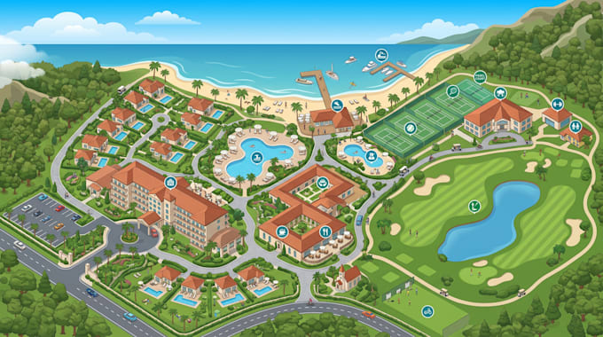 design isometric map, 3d map, resort map and property illustration