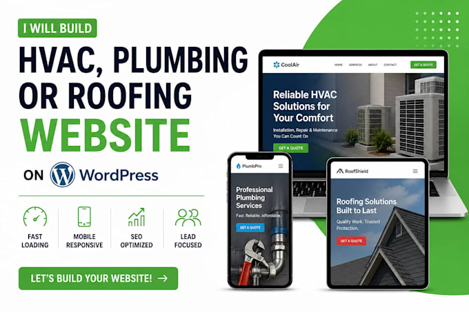 build hvac website, plumbing website, or roofing website on wordpress