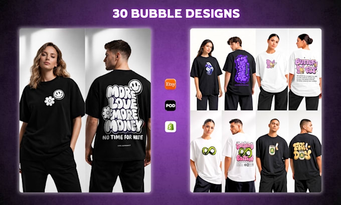 provide 30 bubble typography t shirt designs bundle