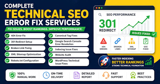 fix technical SEO issues, 404 errors, redirects and google search console