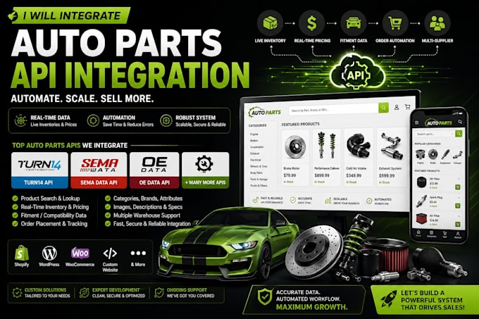 integrate auto parts API, turn14 API, sema data API, and automate your website