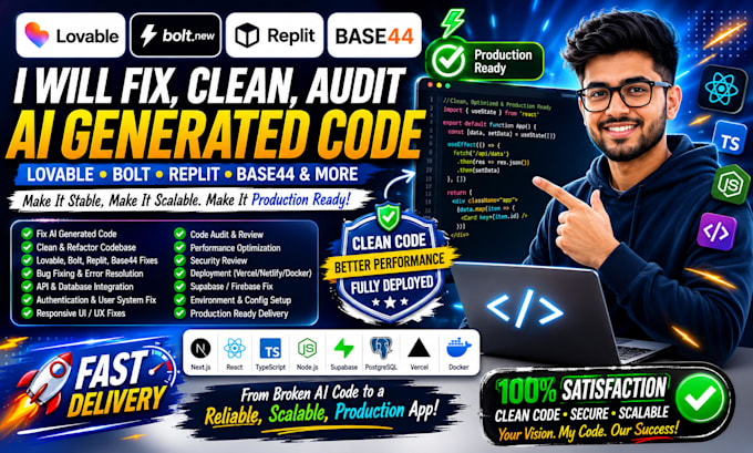 fix clean ai generated code lovable bolt replit base44 production deploy audit
