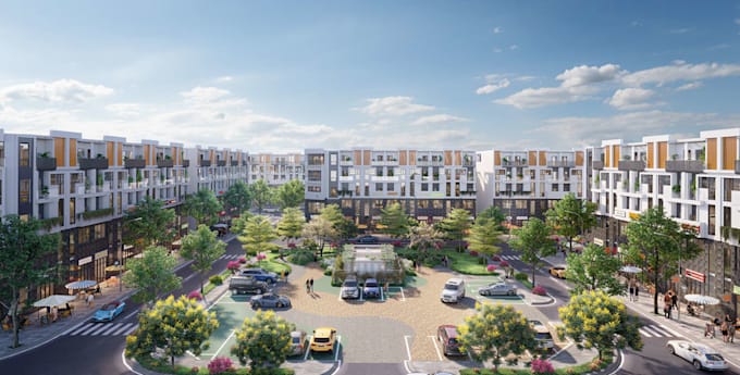 create 3d commercial architectural building, real estate rendering, retail store
