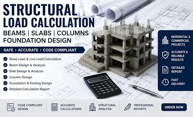 do structural load calculations for beams, slabs, columns, and foundation design