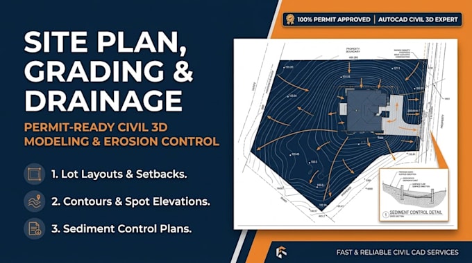 draw site plan, civil 3d grading, drainage, and sediment control for permit