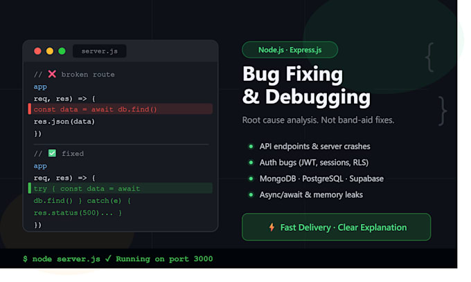 fix bugs in your node,js or express,js backend
