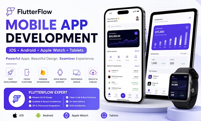 develop flutterflow mobile apps for ios, android, apple watch, and tablets