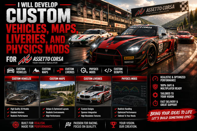 develop custom vehicles, maps, liveries, and physics mods for assetto corsa