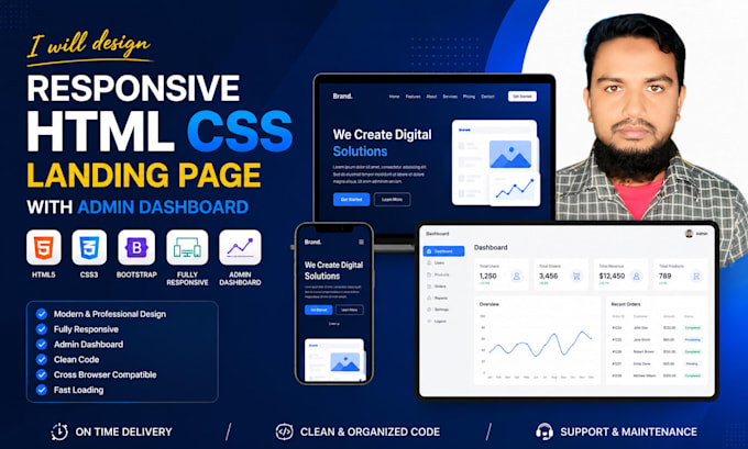design a responsive HTML CSS landing page with admin dashboard