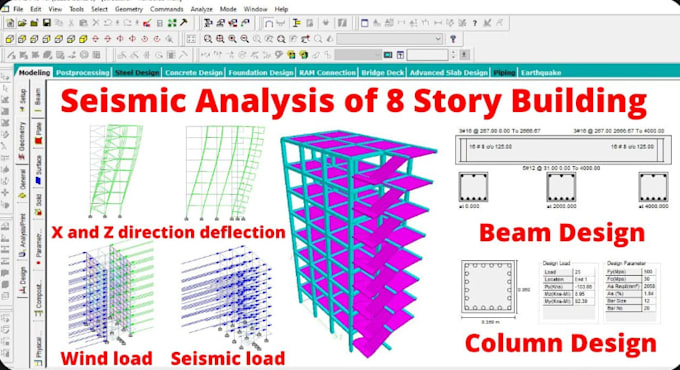 perform seismic analysis, beam design, and wind load analysis for structures