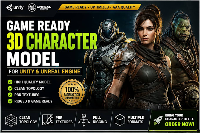 create a game ready 3d character model for unity and unreal engine