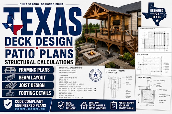 provide texas deck design, patio plans, structural calculations and framing plan