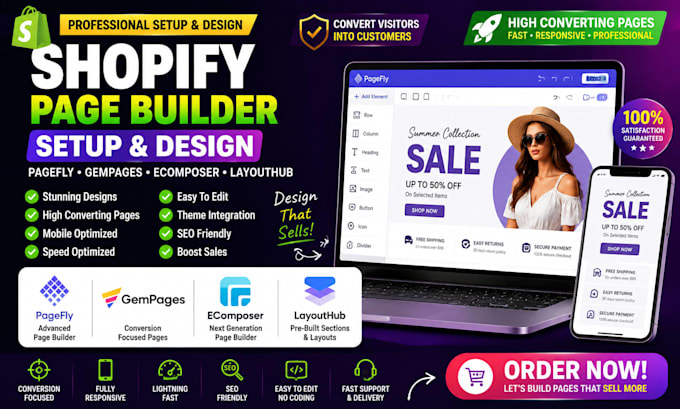 setup shopify page builder apps pagefly, gempages, ecomposer and layouthub