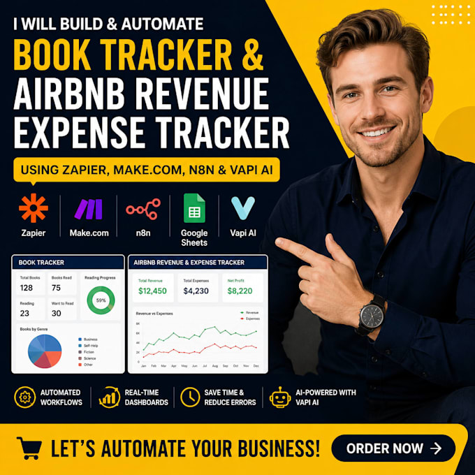 do automated book tracker, airbnb revenue expense tracker using zapier n8n vapi